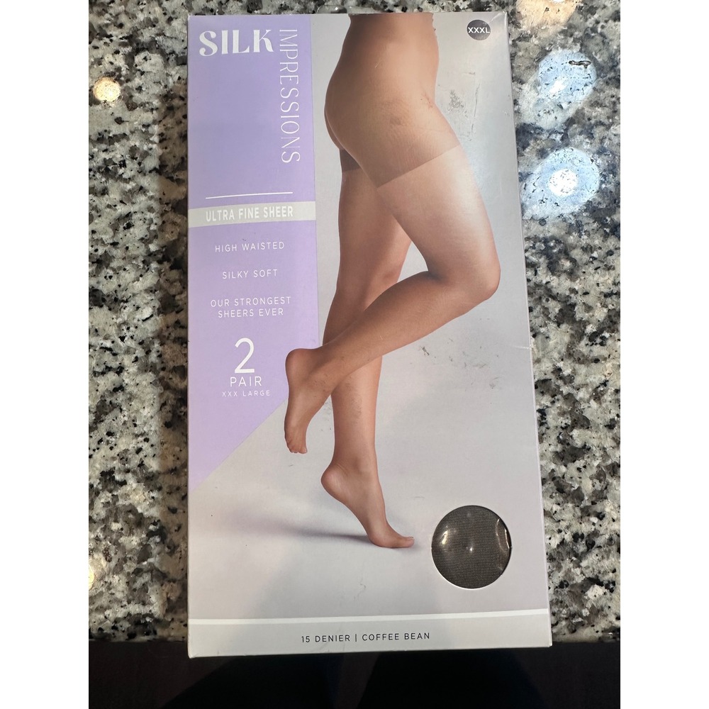 Silk Impressions 2 Pair Ultra Fine Sheer High Waisted Pantyhose XXXL Coffee Bean